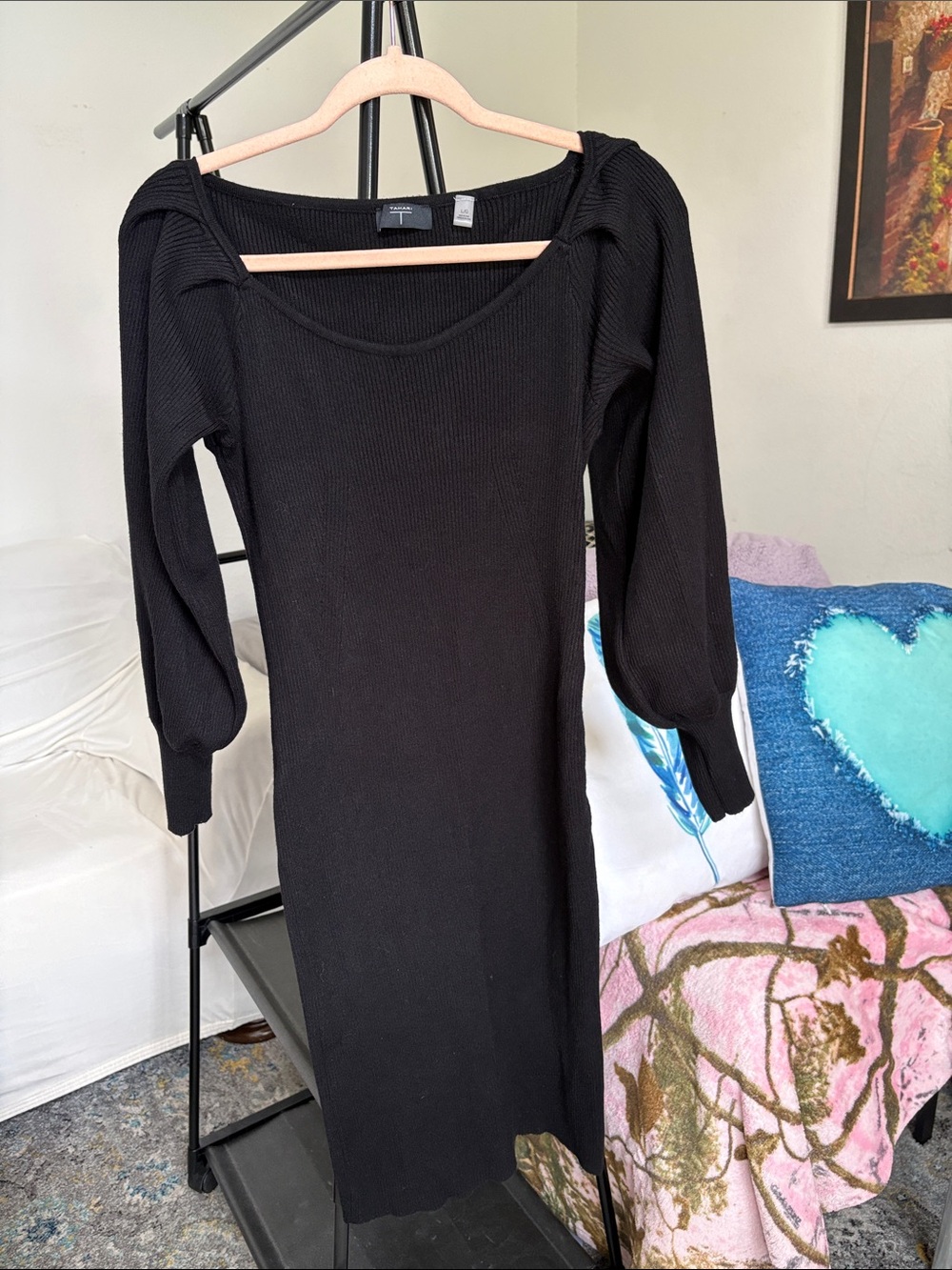 Tahari Black Long Sleeve Ribbed Midi Dress